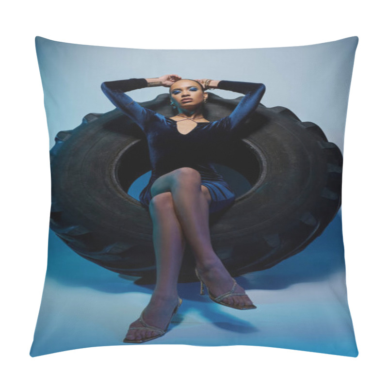 Personality  Young African American Woman Sitting Triumphantly Atop A Massive Tire. Pillow Covers