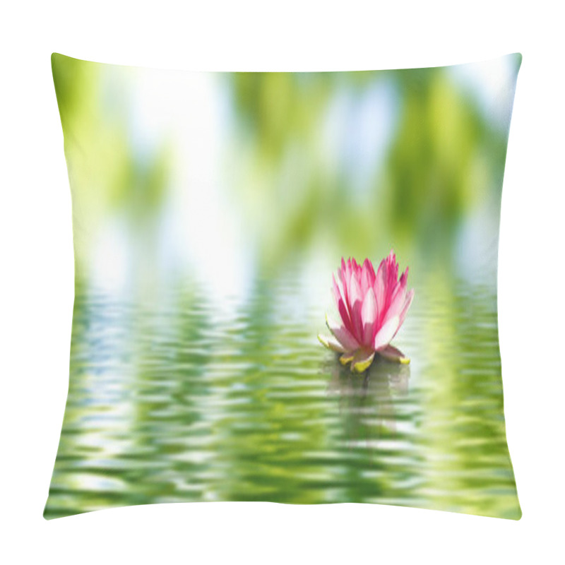 Personality  A Single Pink Water Lily Floats Gracefully On A Calm Pond, Surrounded By Lush Greenery. The Gentle Ripples In The Water Create A Serene And Peaceful Atmosphere. Pillow Covers