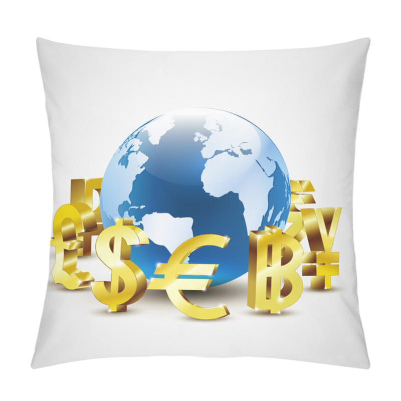 Personality  Golden World Currency Symbols Moving Around 3d World For Global Economic Concept Illustration Pillow Covers