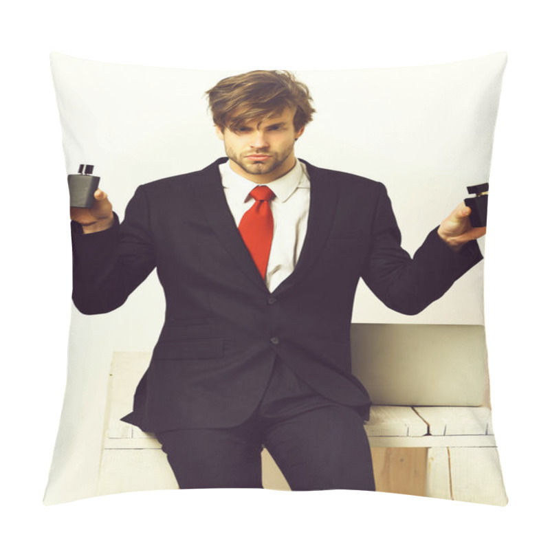 Personality  Caucasian Stylish Business Man Posing With Perfume Pillow Covers