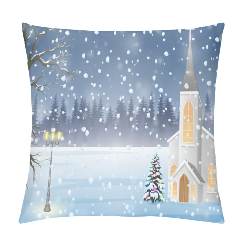 Personality  Winter Landscape With Church, Christmas Night Background Pillow Covers