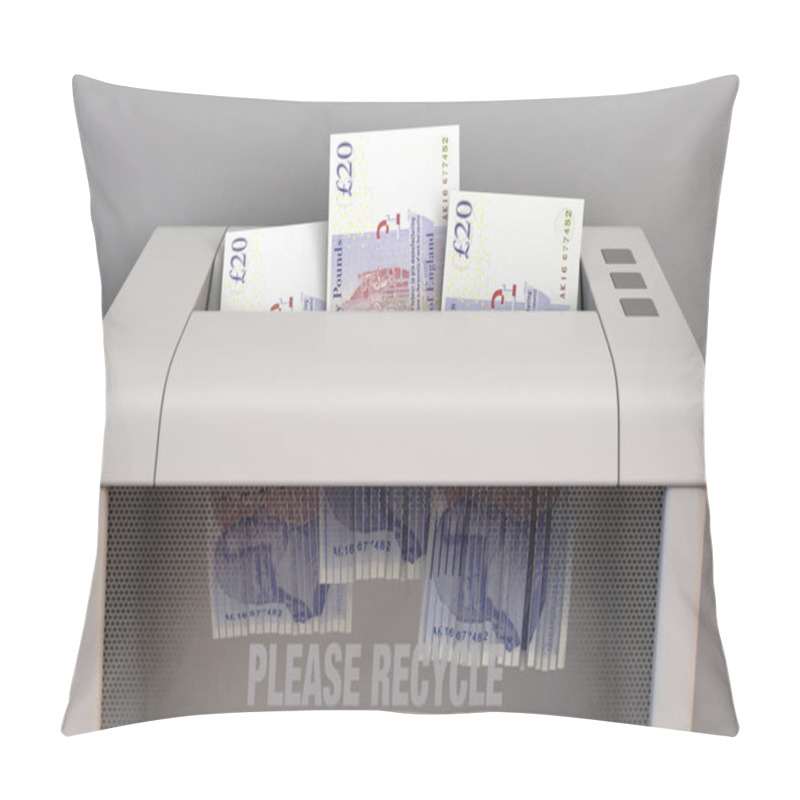 Personality  A Regular Office Paper Shredder In The Process Of Shredding Three British Pound Bank Notes On An Isolated Background - 3D Render Pillow Covers