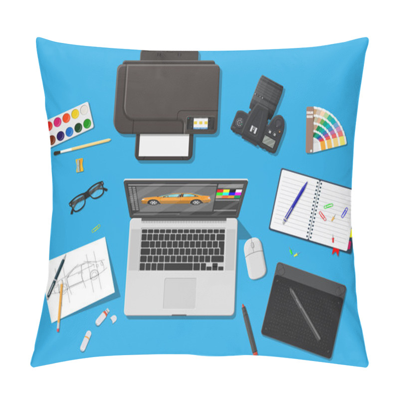 Personality  Designer Workplace. Illustrator Desktop With Tools Pillow Covers