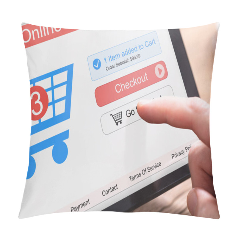 Personality  Person's Hand Using Online Shopping On Tablet With Cart On Screen Pillow Covers