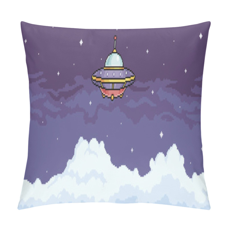 Personality  Pixel Art UFO In The Cloudy Sky. Alien Spaceship Flying In The Night Sky. 8 Bit Vector Background Pillow Covers