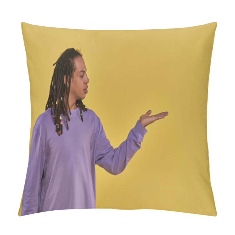 Personality  Confused African American Man In Purple Sweatshirt With Dreadlocks Holding Hand Empty Palm Up Pillow Covers