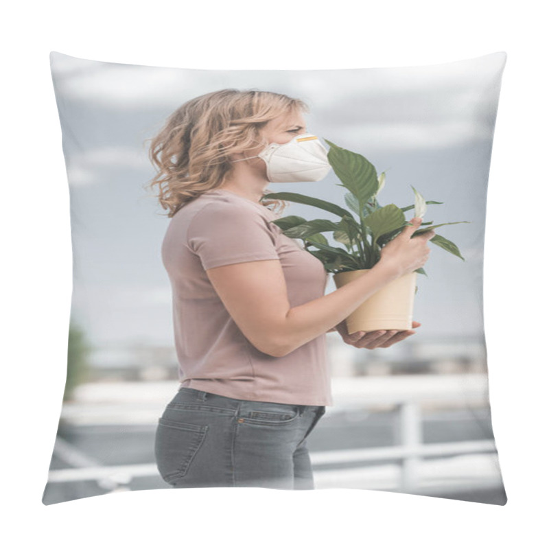 Personality  Side View Of Woman In Protective Mask Holding Potted Plant On Bridge, Air Pollution Concept Pillow Covers