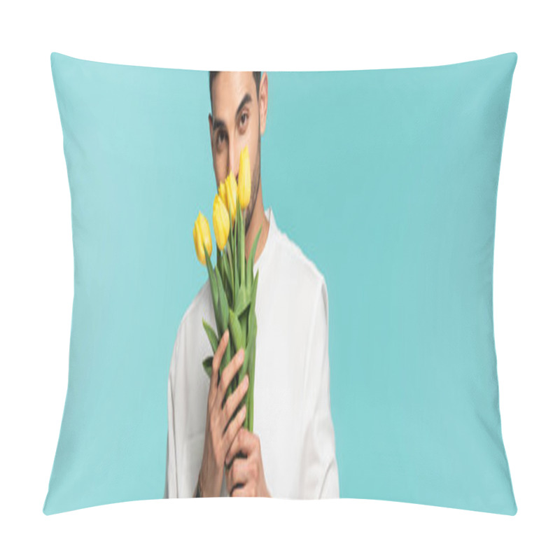 Personality  Arabian Man Covering Face With Flowers Isolated On Blue, Banner  Pillow Covers