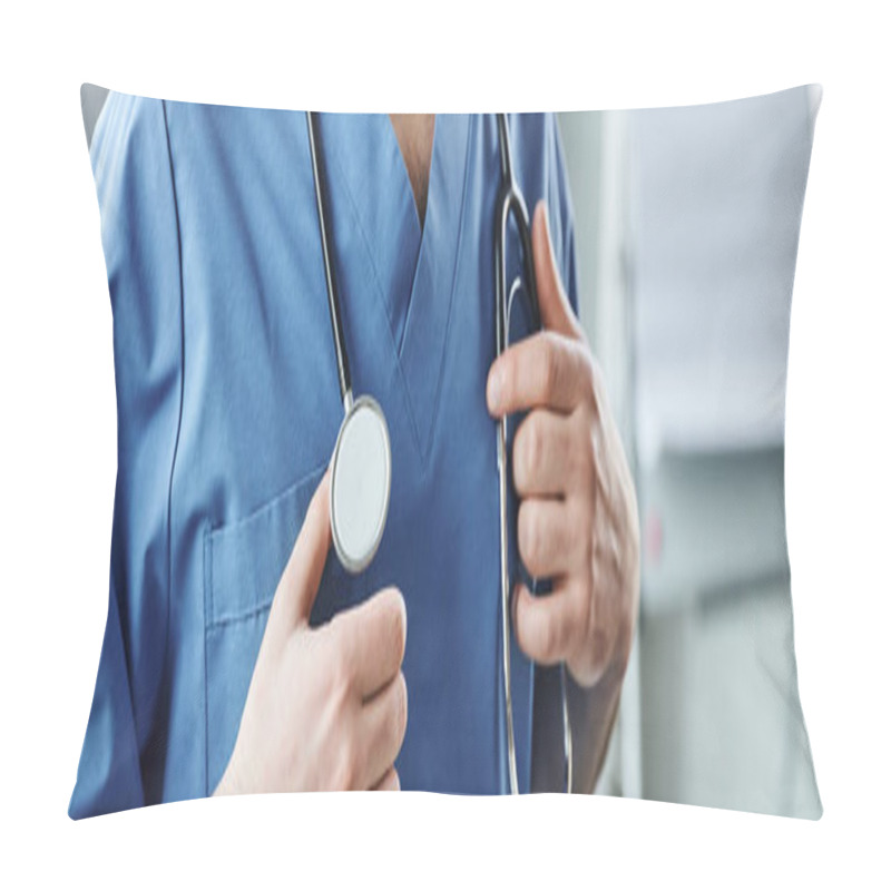 Personality  Cropped View Of Young Healthcare Worker In Blue Uniform, With Stethoscope On Neck Standing In Clinic, First Aid Training Seminar And Emergency Preparedness Concept, Banner Pillow Covers