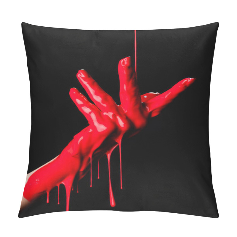 Personality  Partial View Of Painted Hand With Red Dripping Paint Isolated On Black Pillow Covers