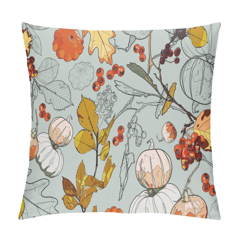 Personality  Pumpkins, Mushrooms, Leaves And Rowan On A Blue Background. Autumn Background. Pillow Covers