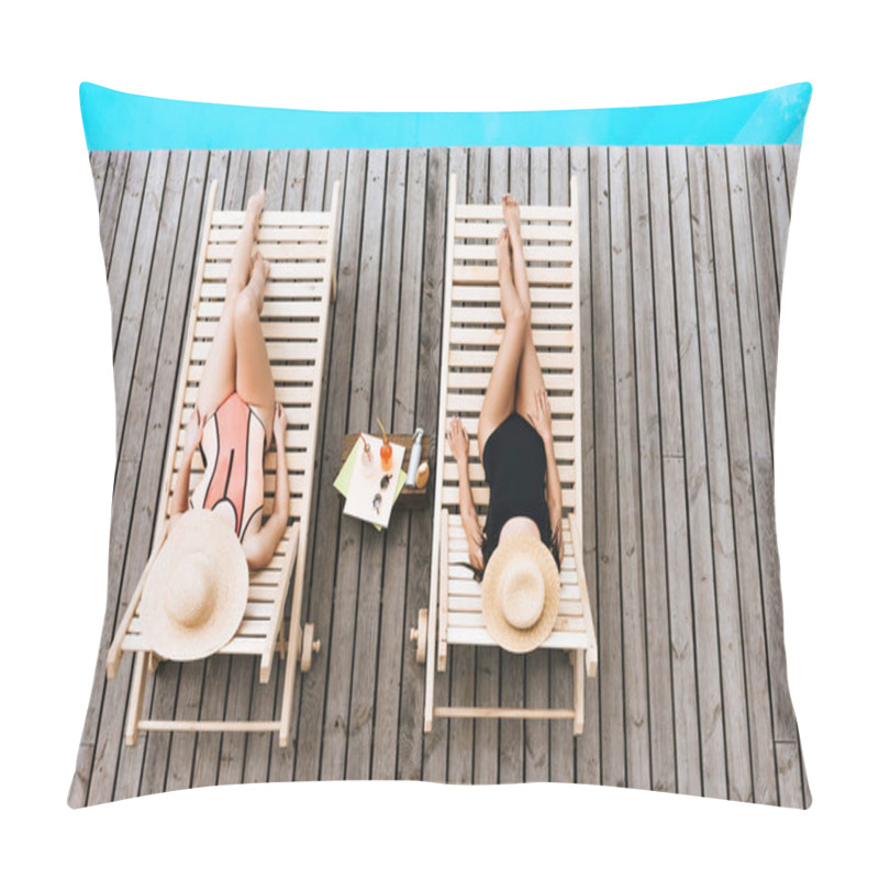 Personality  Young Women In Swimsuits And Hats Lying On Chaise Lounges Near Swimming Pool  Pillow Covers