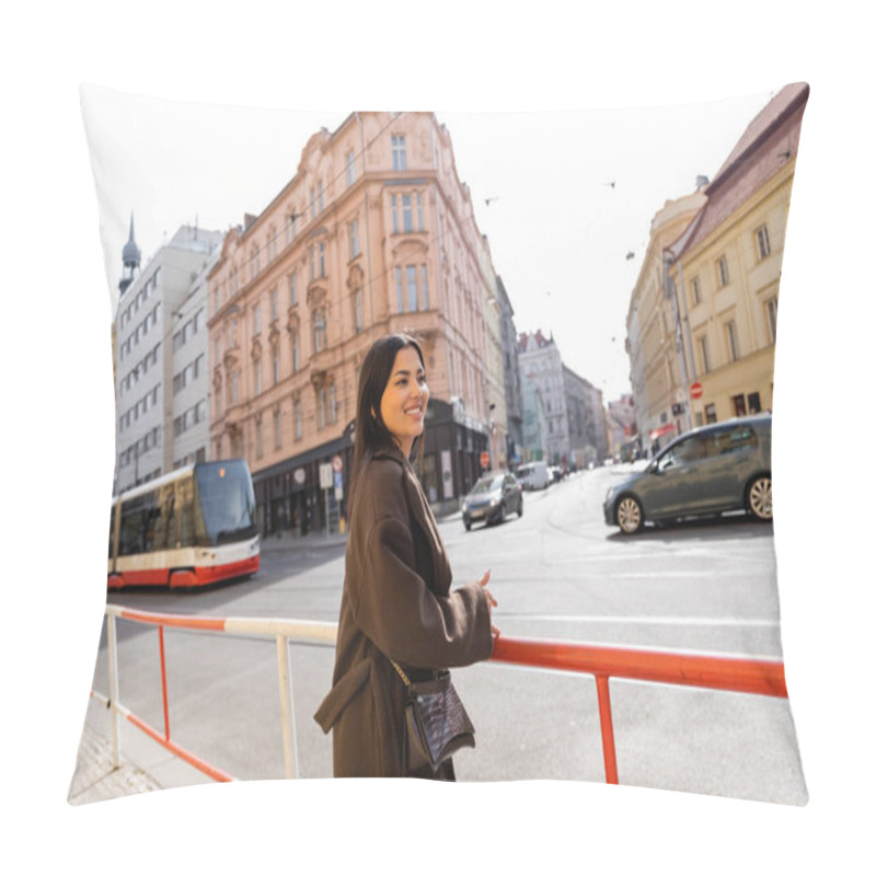 Personality  Happy Traveler In Coat Standing Near Road On Street In Prague  Pillow Covers