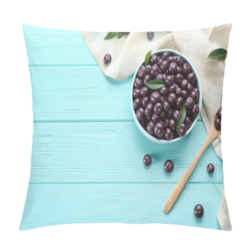 Personality  Flat Lay Composition With Tasty Acai Berries On Light Blue Wooden Table. Space For Text Pillow Covers