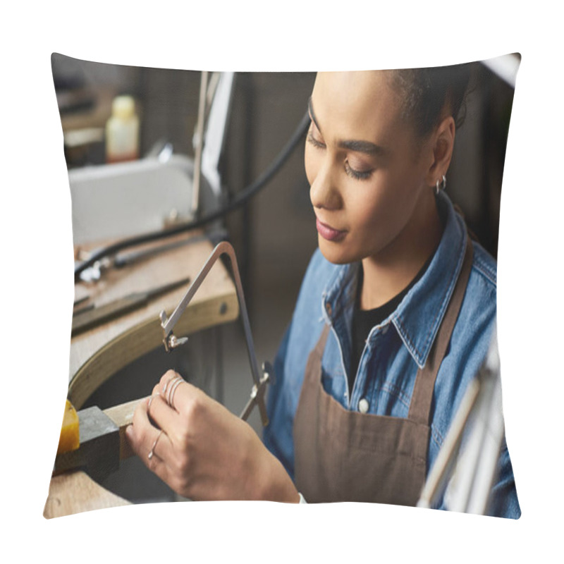 Personality  An Artisan Focused On Jewelry Design, Working Attentively In Her Creative Workspace. Pillow Covers