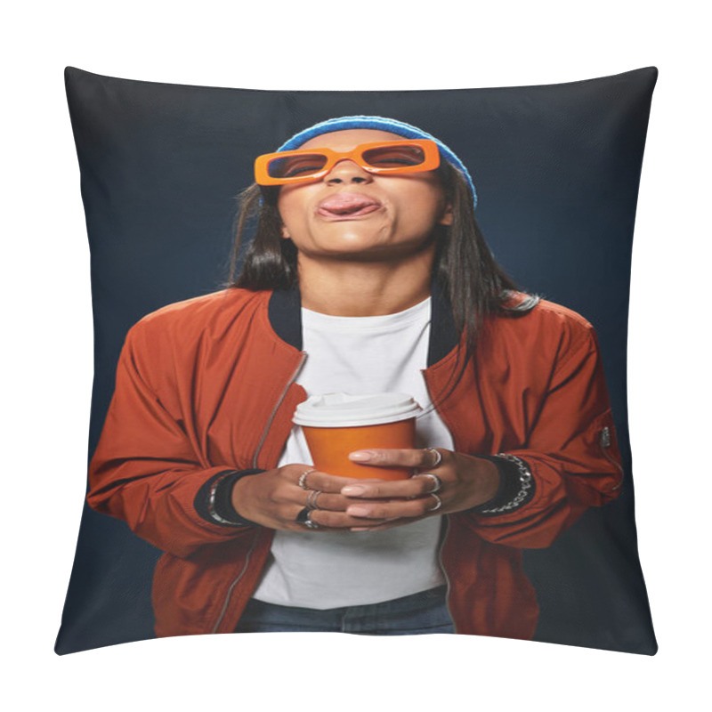 Personality  A Young Woman In Cozy Autumn Fashion Enjoys A Hot Drink While Playfully Sticking Out Her Tongue. Pillow Covers