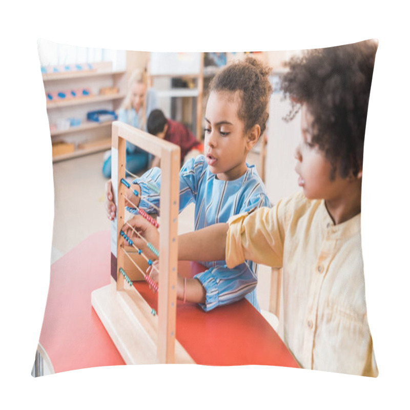 Personality  Selective Focus Of African American Kids Playing With Scores With Teacher And Child At Background In Montessori School Pillow Covers