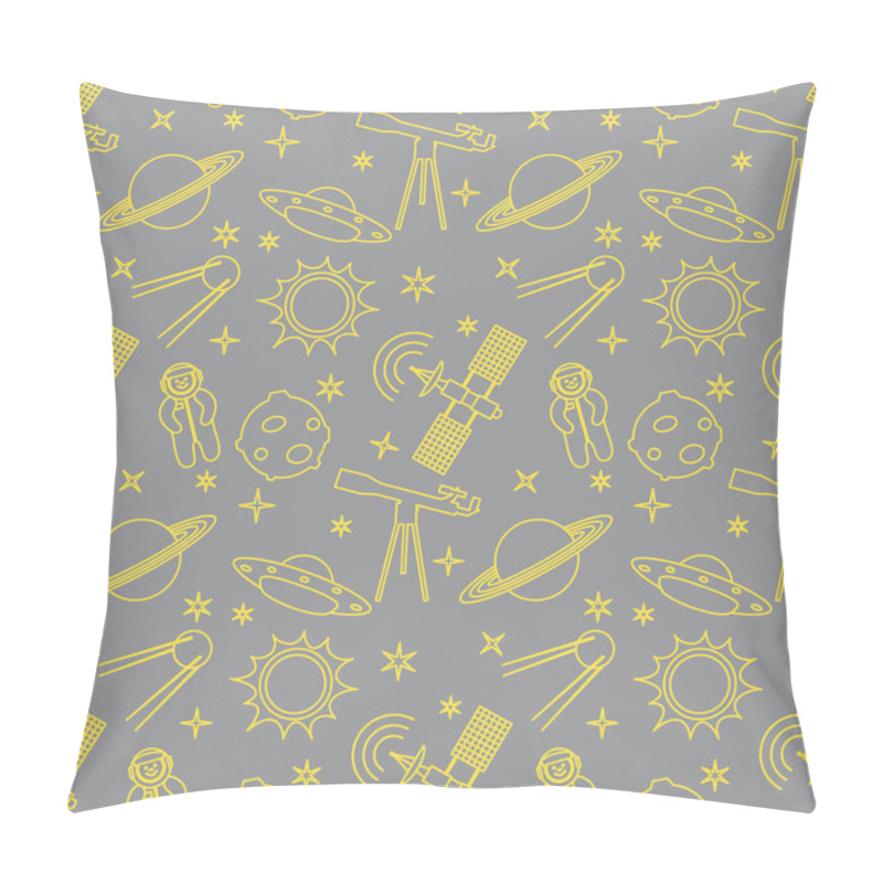 Personality  Seamless Pattern With Telescope, UFO, Satellite, Planets, Astronaut, Orbital Station, Sun, Stars. Space Exploration. Astronomy. Science. Illuminating And Ultimate Gray. Pillow Covers