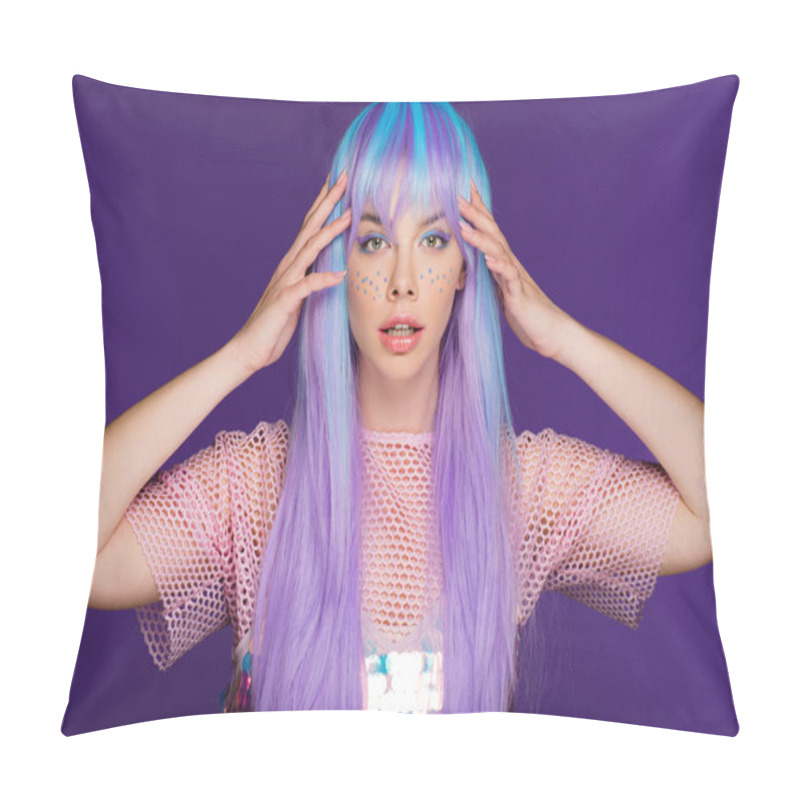 Personality  Pretty Girl Posing In Violet Wig With Stars On Face, Isolated On Purple Pillow Covers