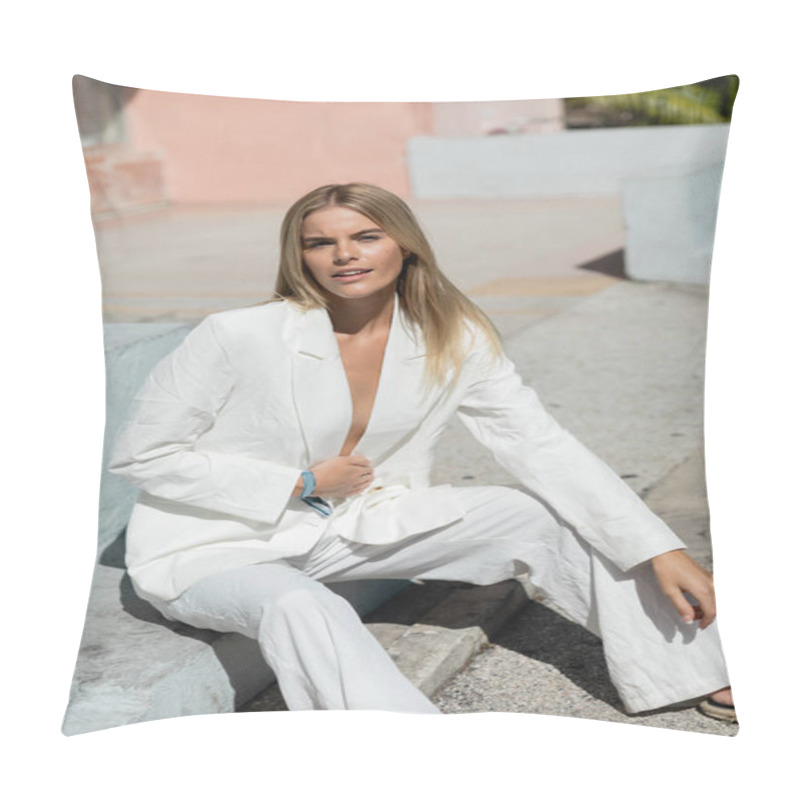 Personality  A Young, Beautiful Blonde Woman In A Crisp White Suit Sits Gracefully On A Ledge With A Breathtaking View Of Miami. Pillow Covers