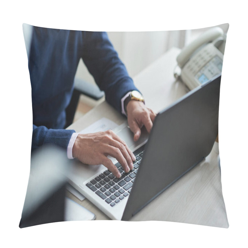 Personality  Close-up Image Of Businessman Typing On Laptop At His Workplace Pillow Covers