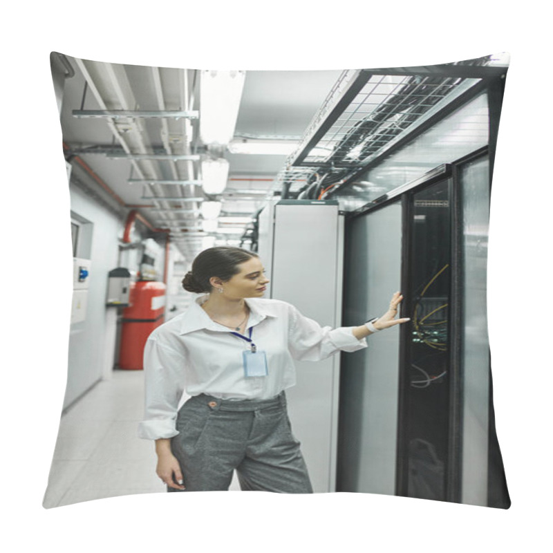 Personality  A Woman In A White Shirt Manages Server Hardware Within A Contemporary Data Center. Pillow Covers