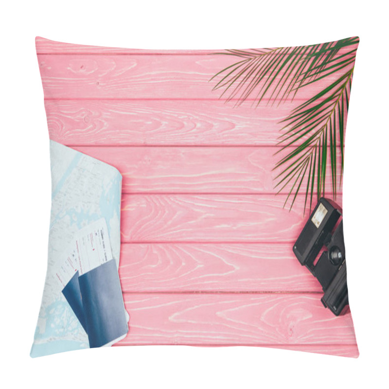 Personality  Top View Of Flight Tickets With Map And Instant Print Camera On Pink Wooden Surface Pillow Covers