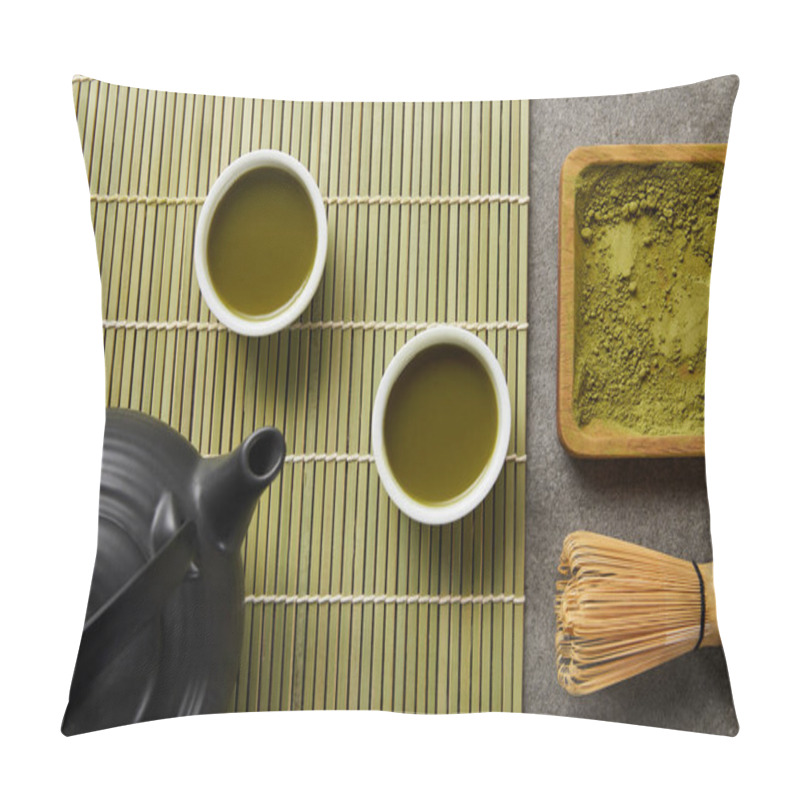 Personality  Top View Of White Cups With Green Tea Near Black Teapot On Bamboo Table Mat With Matcha Powder On Wooden Board Pillow Covers