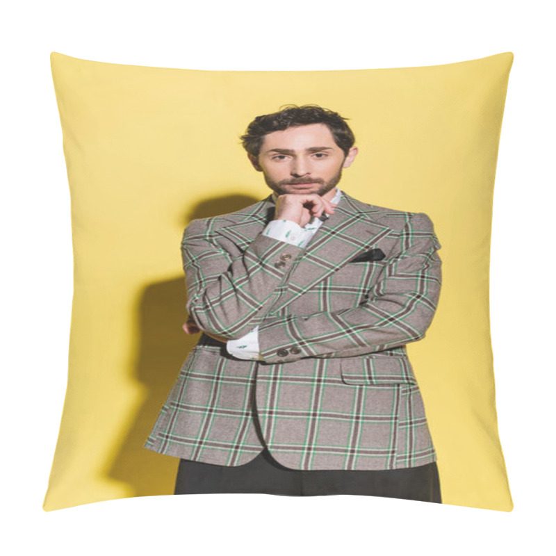 Personality  Portrait Of Fashionable Man In Checkered Jacket Looking At Camera On Yellow Background  Pillow Covers