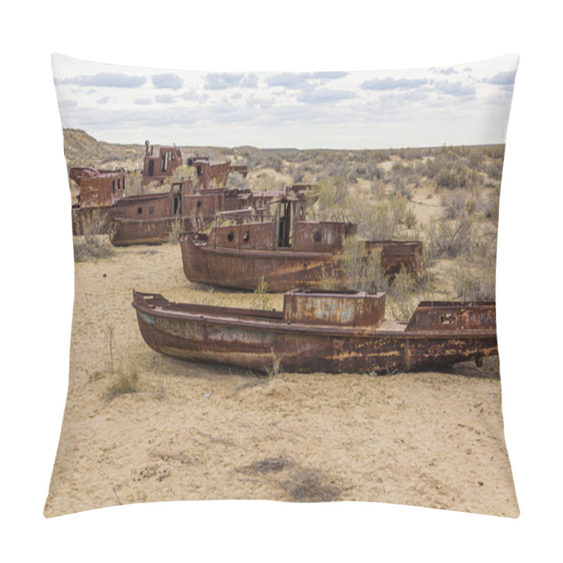 Personality  Rusty Ships At The Ship Cemetery In Former Aral Sea  Port Town Moynaq (Moynoq Or Muynak), Uzbekistan. Pillow Covers