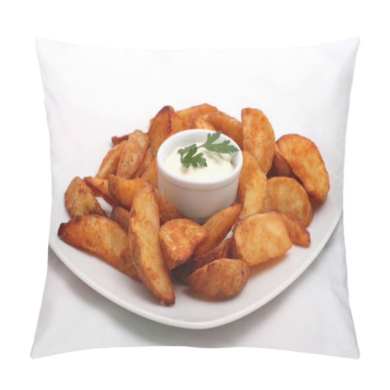 Personality  Fried Potato Wedges With White Sauce On White Plate Pillow Covers