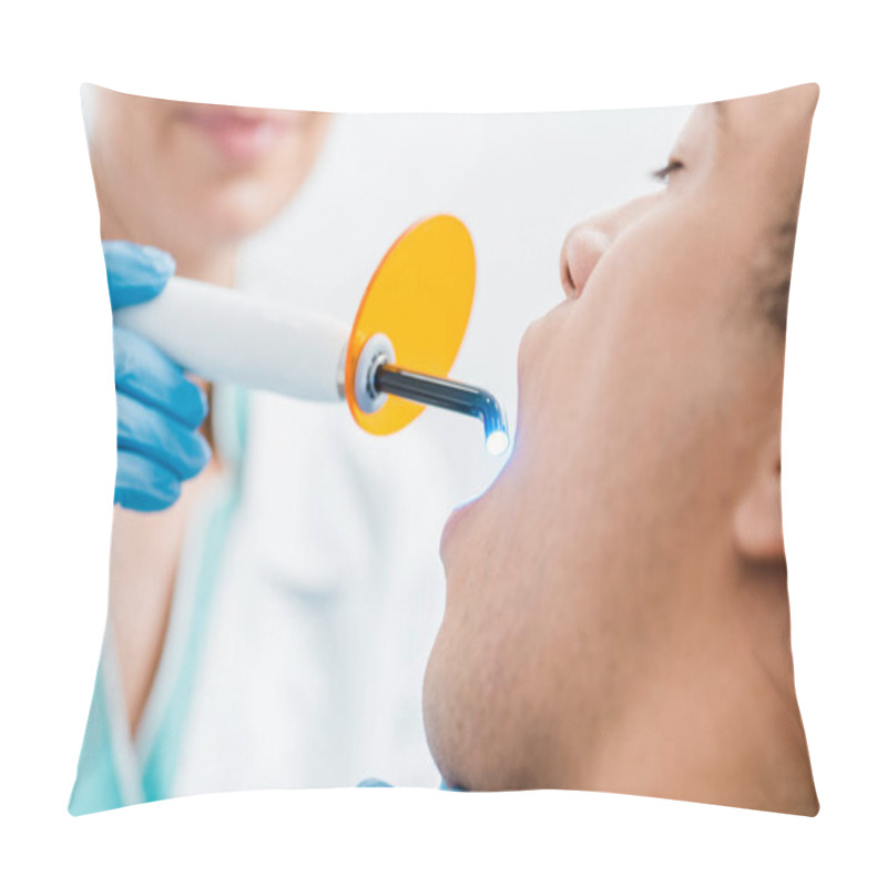 Personality  Selective Focus Of African American Man During Whitening Procedure  Pillow Covers