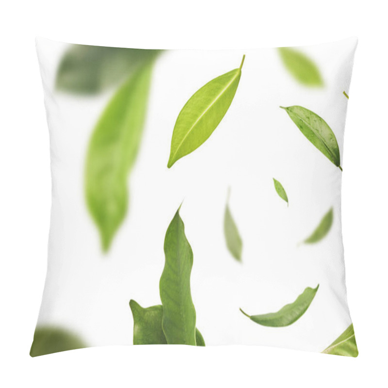 Personality  Vividly Flying In The Air Green Tea Leaves Isolated On White Bac Pillow Covers