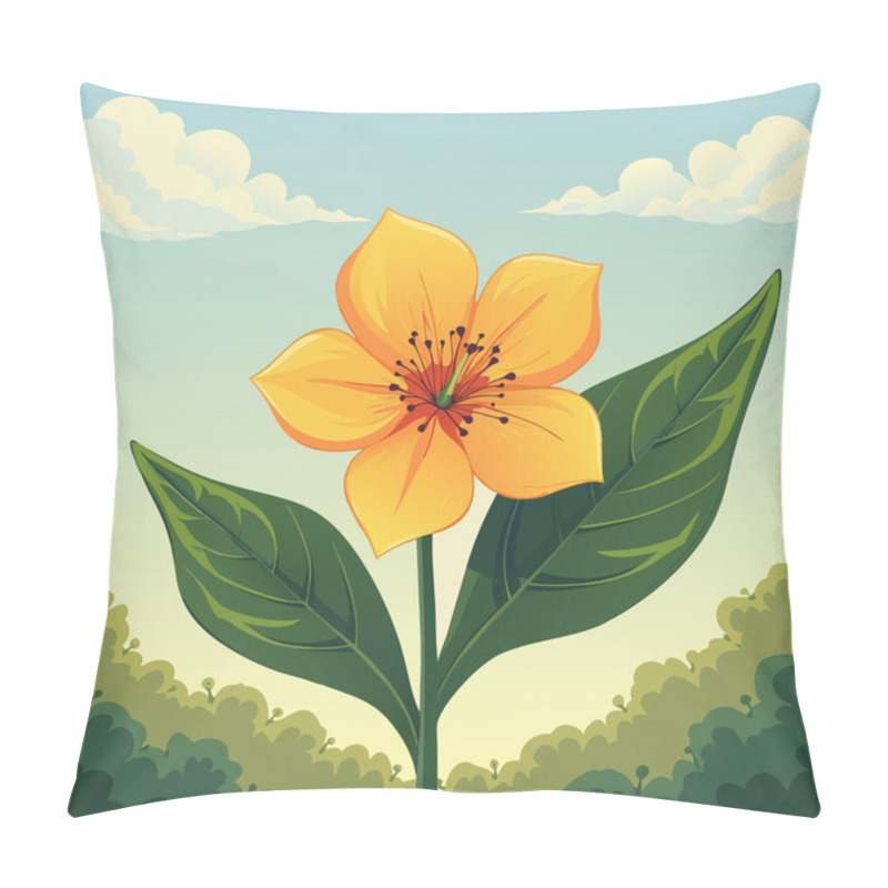 Personality  Vibrant Illustration Of A Yellow Flower With Green Leaves Set Against A Clear Sky And Cloud Background. Pillow Covers