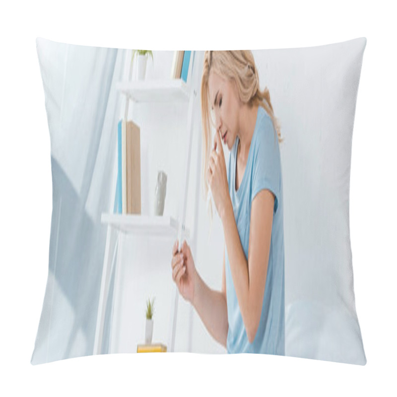 Personality  Panoramic Shot Of Sick Woman Holding Nasal Spray While Touching Nose  Pillow Covers