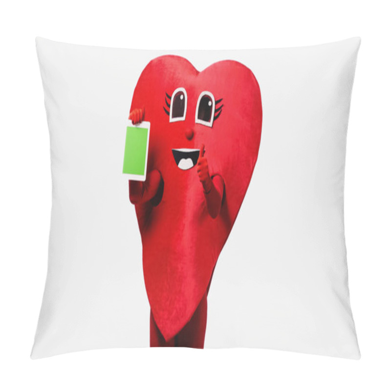 Personality  Person In Red Heart Costume Holding Digital Tablet With Green Screen And Showing Thumb Up Isolated On White Pillow Covers