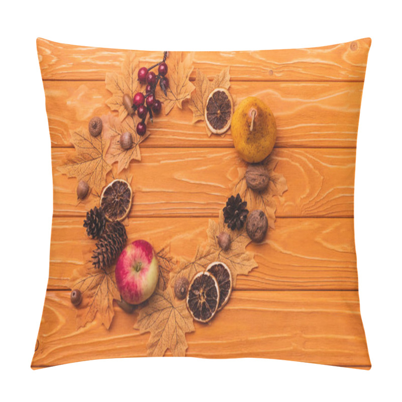 Personality  Top View Of Round Frame With Autumnal Decoration On Wooden Background Pillow Covers