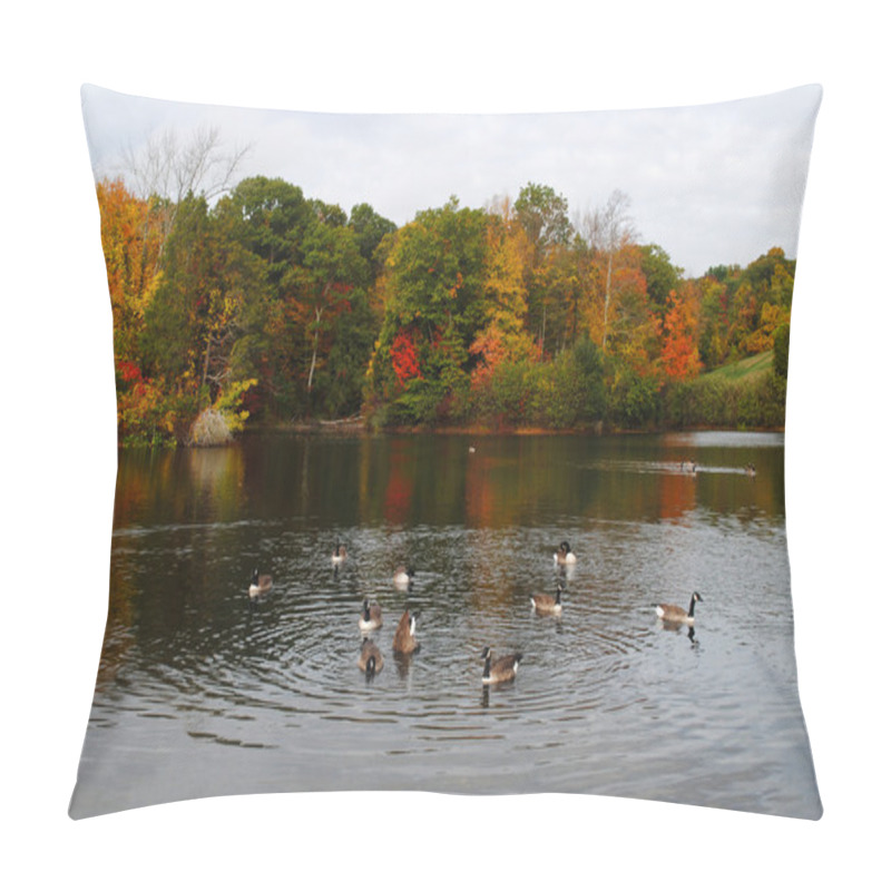 Personality  Autumn Pond With Canadian Geese Swimming Pillow Covers