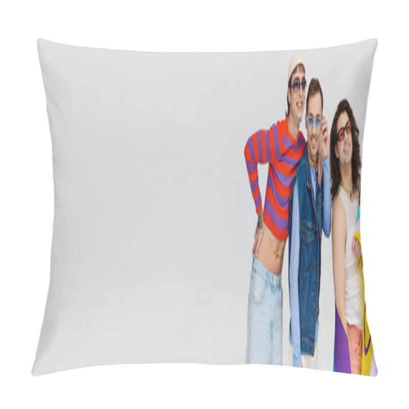 Personality  Merry Appealing Gay Men With Trendy Sunglasses Holding Rainbow Flag And Smiling At Camera, Banner Pillow Covers