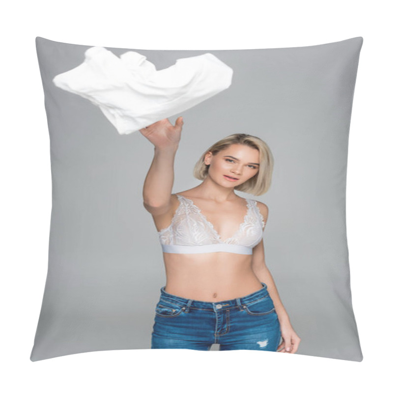 Personality  Beautiful Stylish Girl In Bra Throwing Away Clothes, Isolated On Grey Pillow Covers