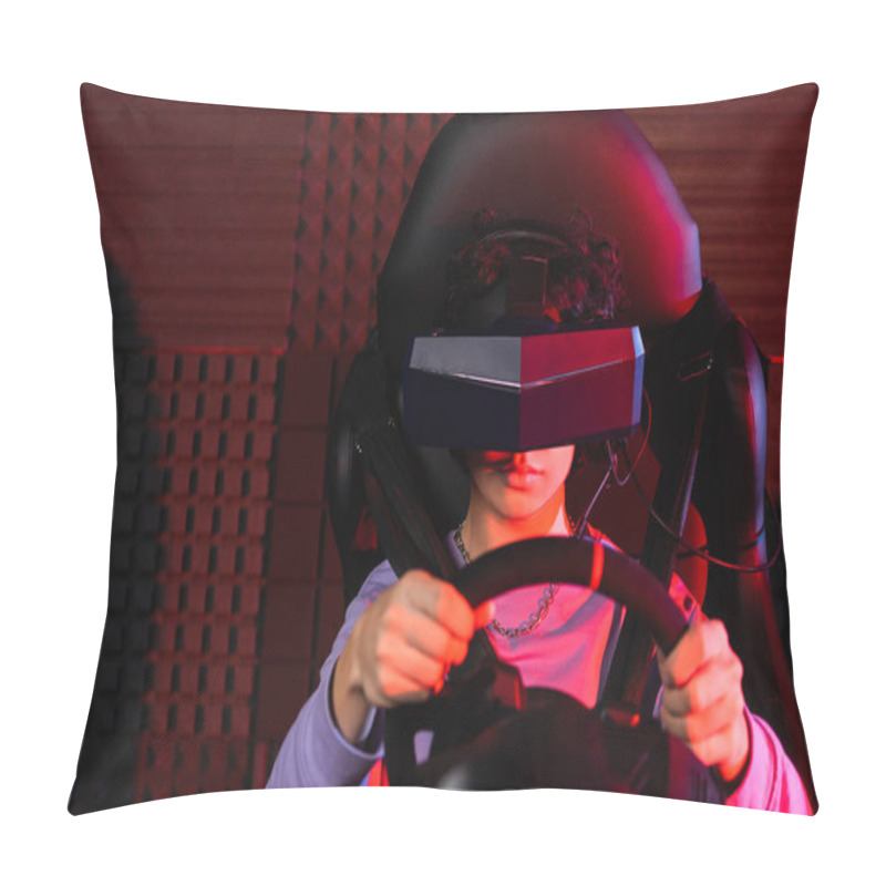 Personality  Teenage Guy In Virtual Reality Headset Racing On Car Simulator Pillow Covers