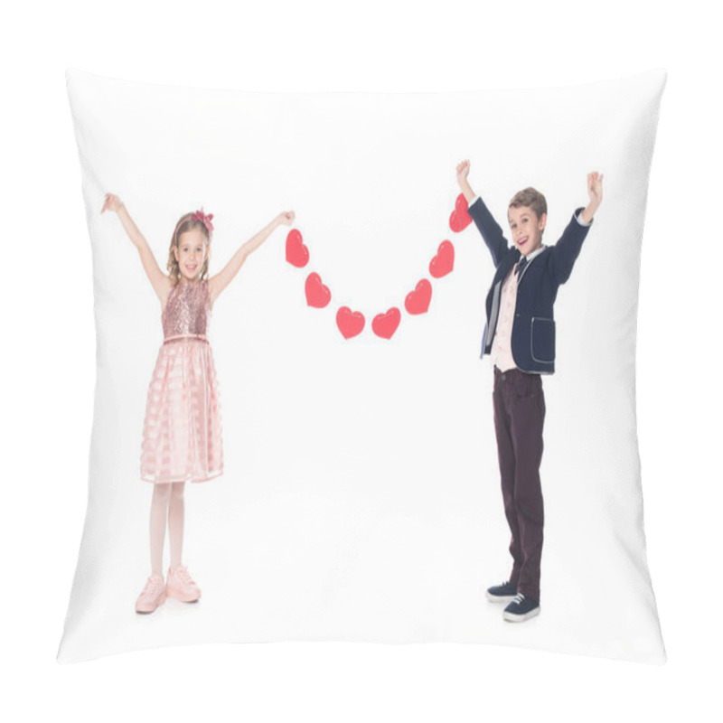 Personality  Happy Stylish Children Holding Red Hearts And Smiling At Camera Isolated On White  Pillow Covers