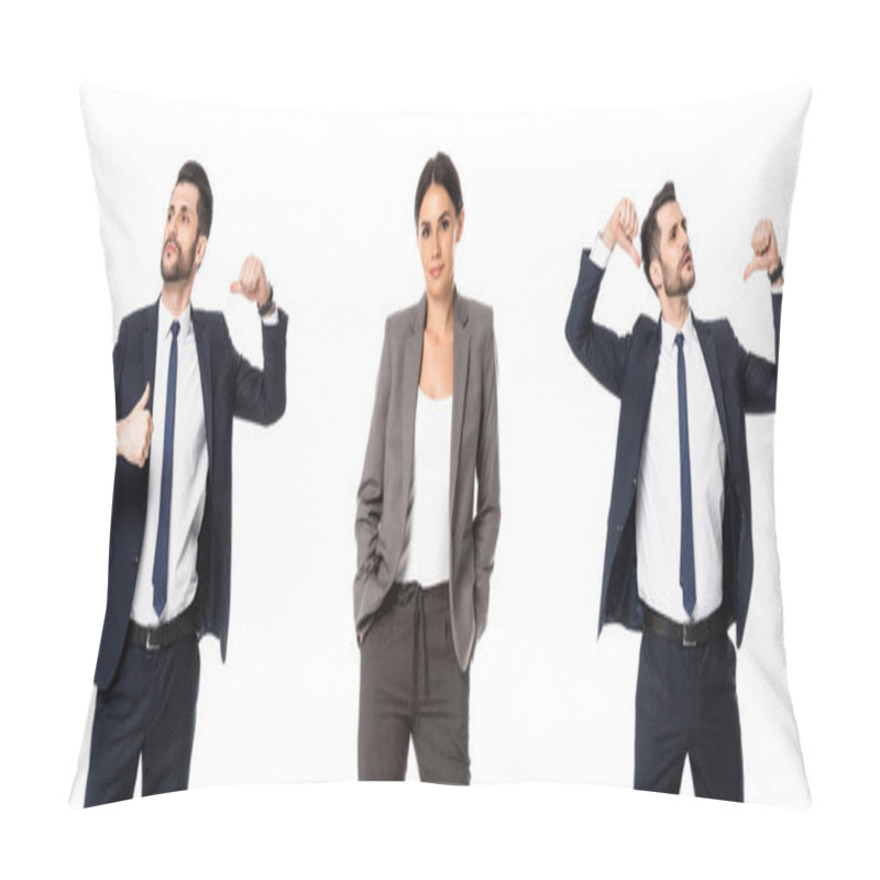 Personality  Collage Of Businesswoman Standing With Hands In Pockets And Arrogant Businessman Pointing With Thumbs At Himself Isolated On White Pillow Covers