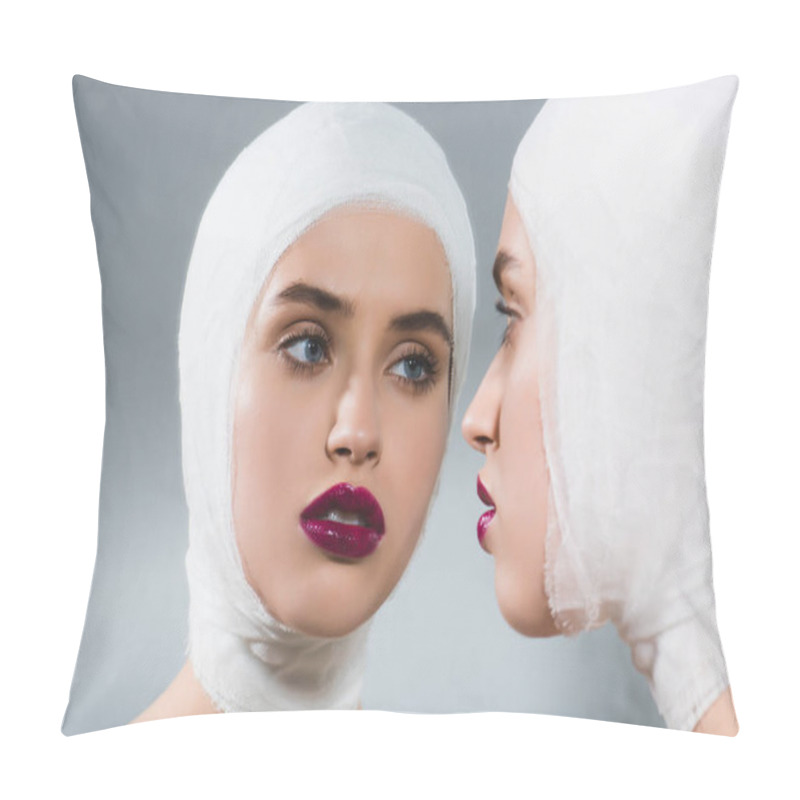 Personality  Young Woman With Bandaged Head Near Mirror On Grey  Pillow Covers