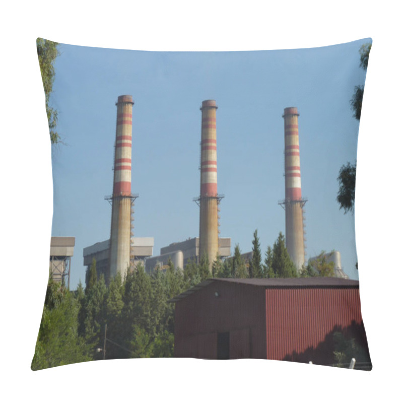 Personality  Weathered Smokestacks Towering Over An Industrial Complex: A Quiet Intersection Of Industry And Nature Under A Clear Blue Sky, Framed By Greenery And A Chain-Link Fence In A Mediterranean Setting Pillow Covers