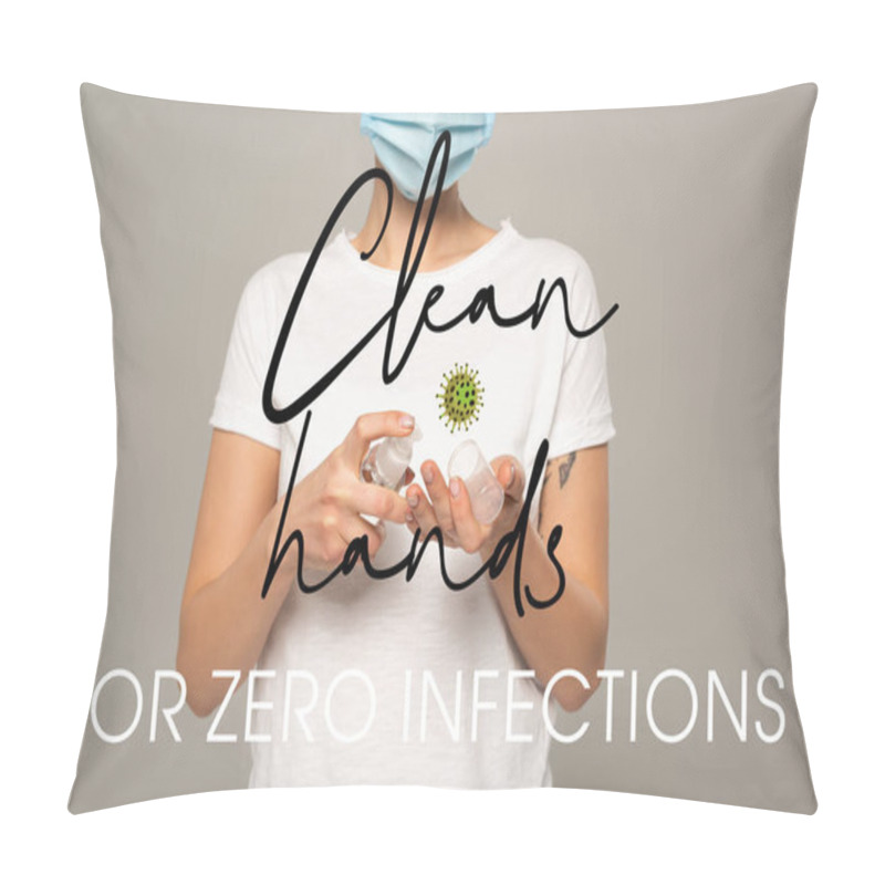 Personality  Cropped View Of Woman In Medical Mask Using Hand Sanitizer Isolated On Grey, Clean Hands For Zero Infections Illustration Pillow Covers