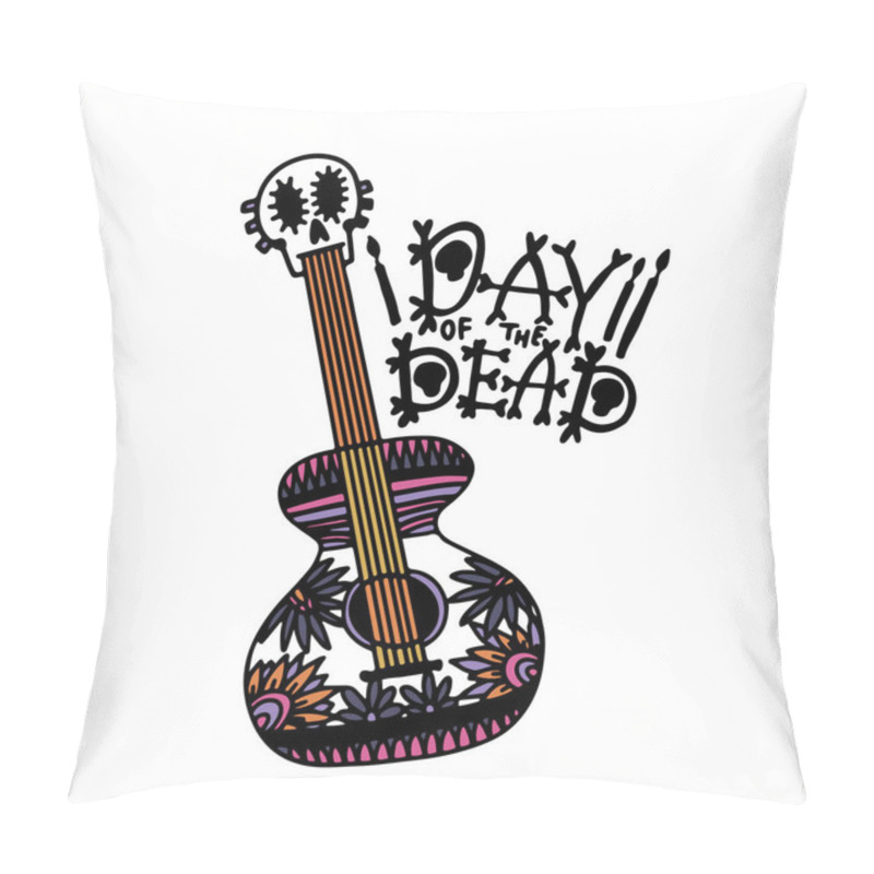 Personality  Day Of The Dead - Hand Drawn Sketch And Lettering For Mexican Holiday Dia De Los Muertos. Guitar With The Image Of A Sugar Skull, Traditional Flowers, Candles. Vector Illustration On Isolated White Pillow Covers