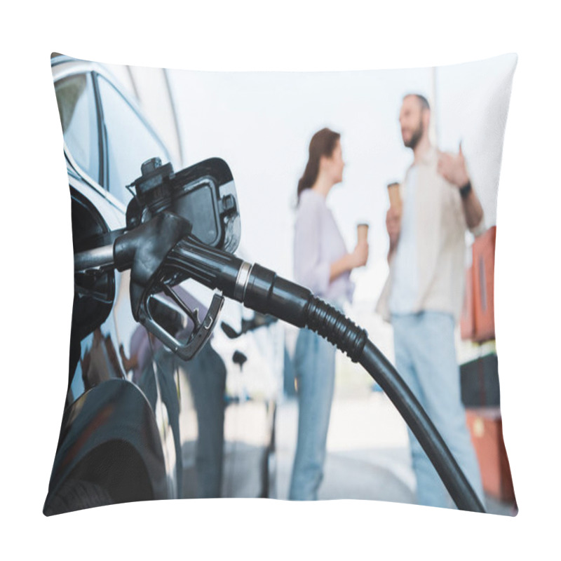 Personality  Selective Focus Of Black Automobile Refueling With Benzine Near Man And Woman On Gas Station  Pillow Covers