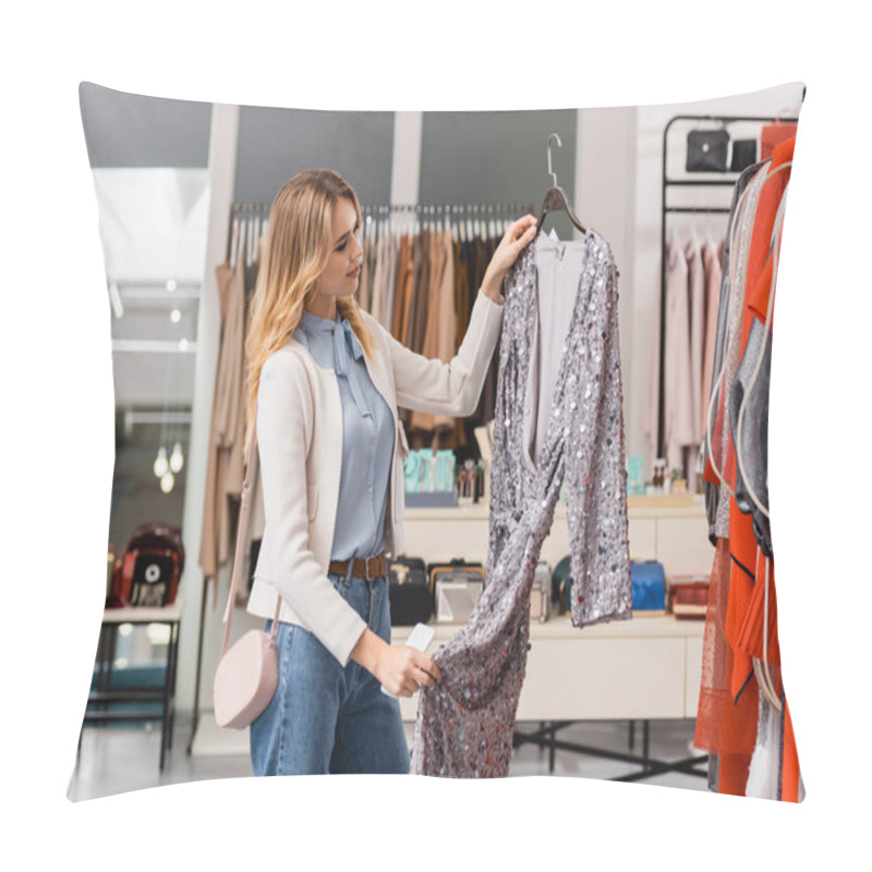 Personality  Stylish Woman Looking At Dress On Hanger In Showroom  Pillow Covers