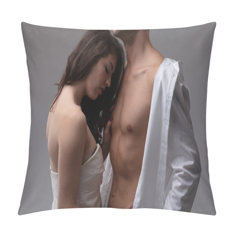 Personality  Young Woman Touches The Bare Skin Of Her Lover's Abdomen, After Opening His Shirt To Put Her Hands On His Chest, She Desires It And He Cannot Resist Her Pillow Covers